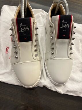 Christian Louboutin women’s White Leather Spike-Trim Low Top Sneakers